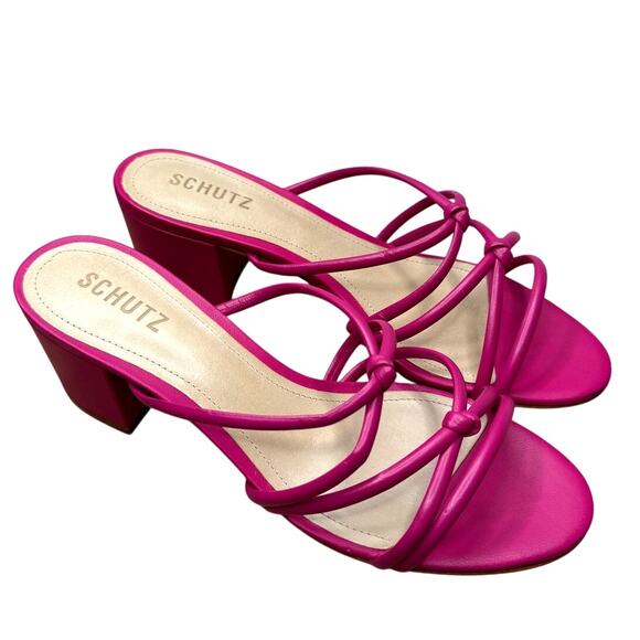 NEW Schutz Princey Strappy Slide Sandals Hot Pink Leather Block Heel, Size 8.5 - Picture 1 of 11